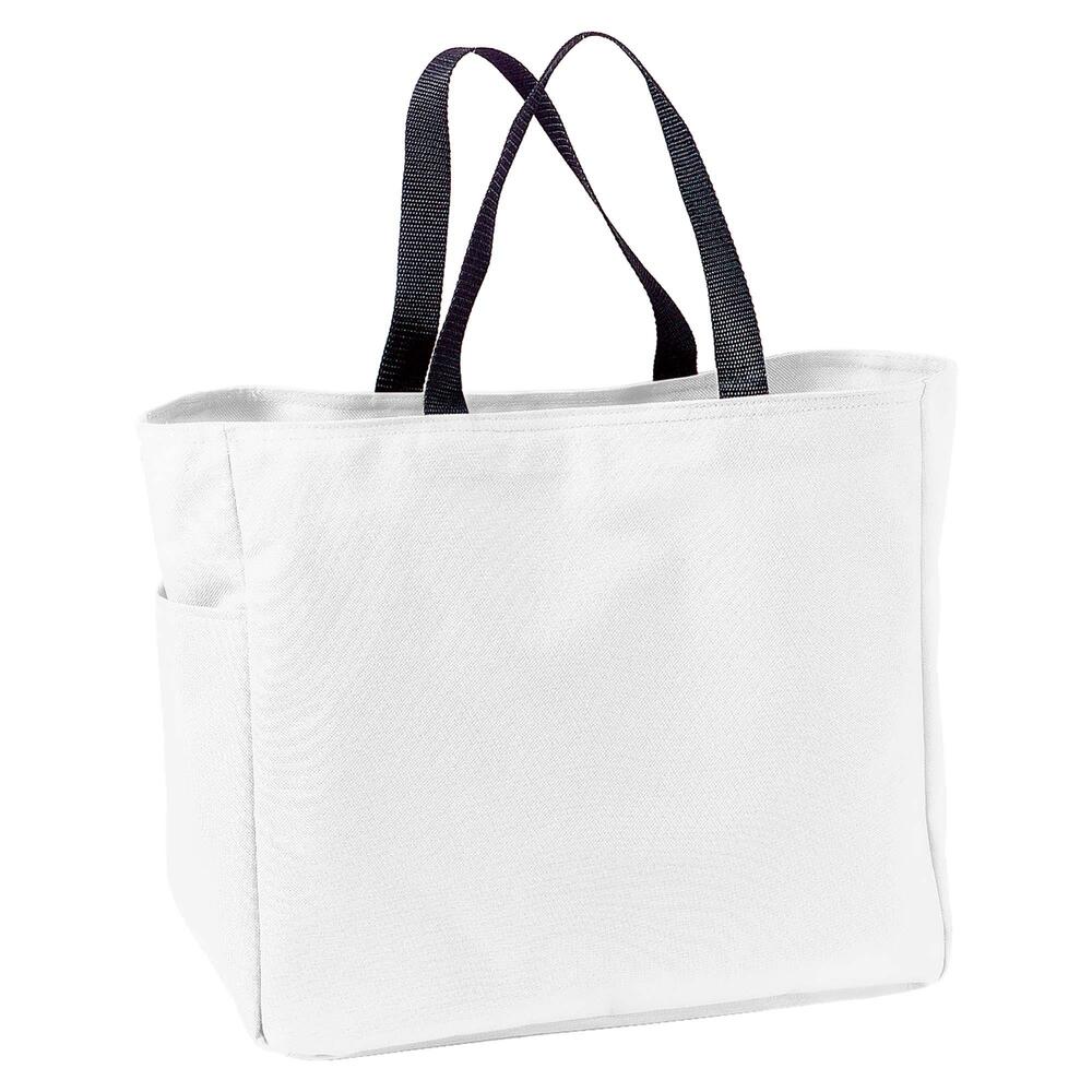 PORT AUTHORITY POLYESTER WHITE TOTE WITH SIDE POCKET AND BLACK NYLON HANDLES